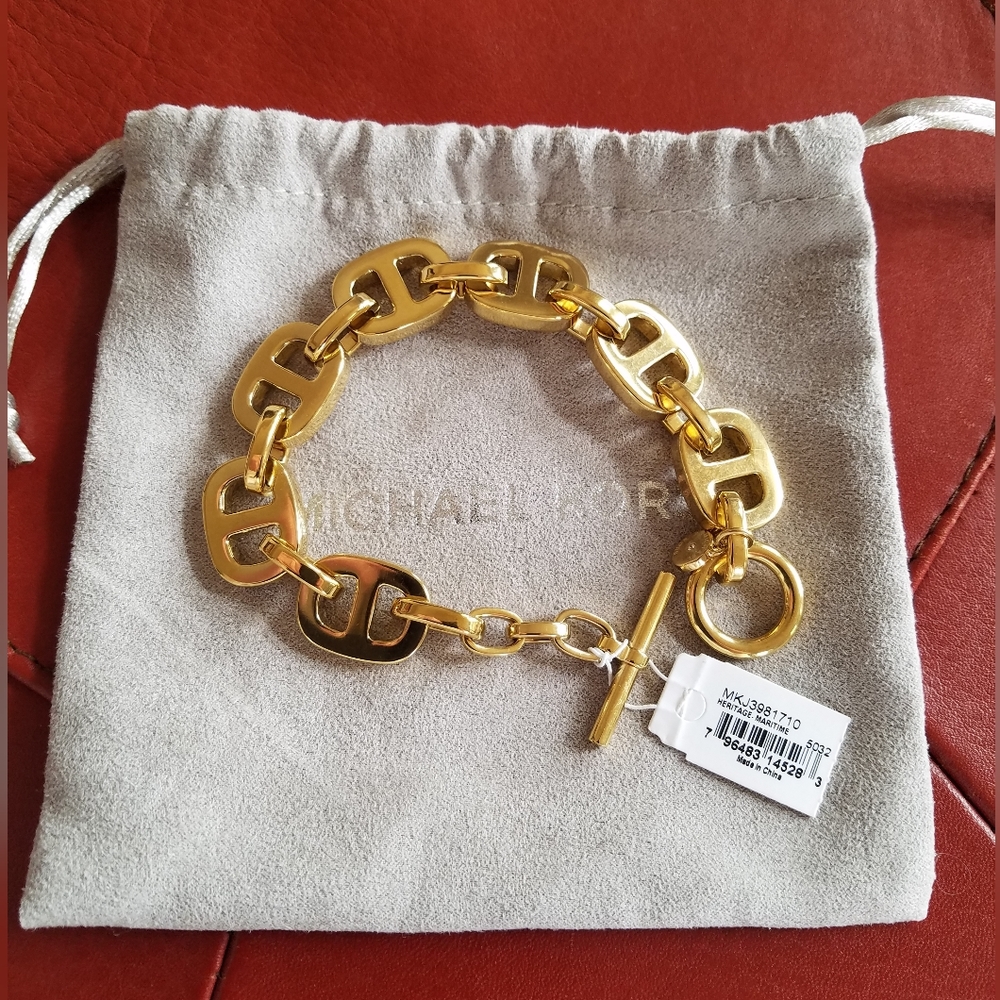 Michael Kors Heritage Maritime Chain Link Toggle Bracelet Gold Tone Heavy NWT - Picture 2 of 15
